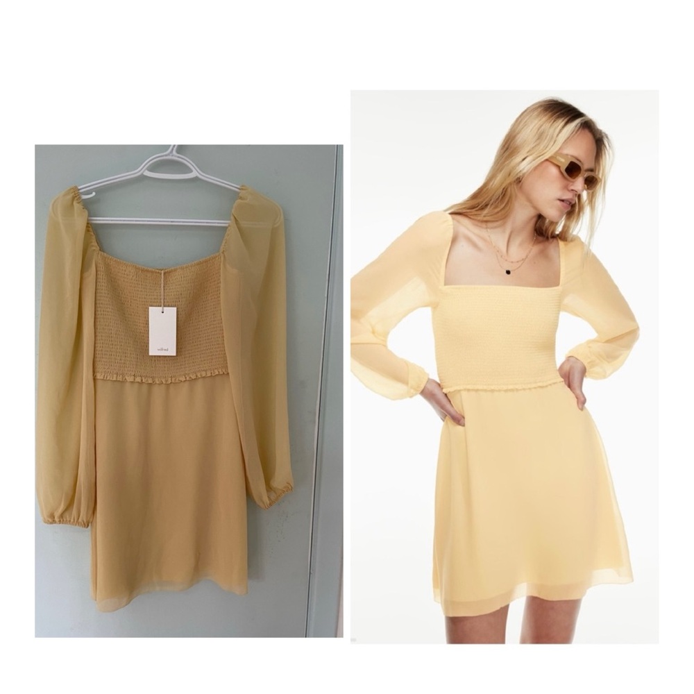 Aritzia Wilfred Villa Smocked Mini Dress, Yellow, Size 2